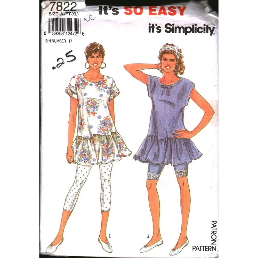 Simplicity 7822 Vintage 90s Sewing Pattern Misses Babydoll Top Leggings Sz P-XL